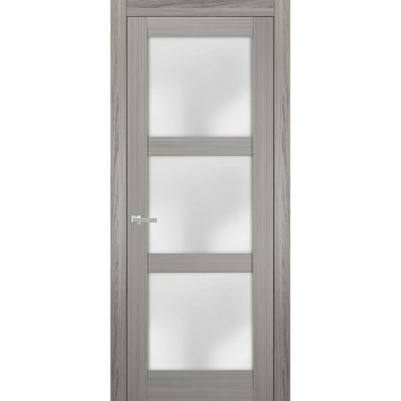 Solid French Door Frosted Glass 32 x 80 inches | Lucia 2552 Grey Ash | Single Regular Panel Frame Trims Handle | Bathroom Bedroom Sturdy Doors