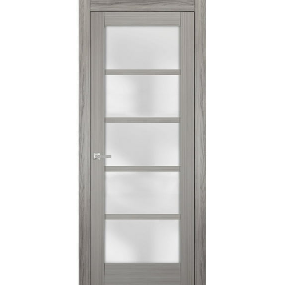 Solid French Pre-Hung Door Frosted Glass | Quadro 4002 Grey Ash | Single Regular Panel Frame Trims Handle | Bathroom Bedroom Sturdy Doors -32" x 96"