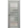 thumbnail image 1 of Solid French Door Frosted Glass | Quadro 4002 Light Grey Oak | Single Regular Panel Frame Trims Handle | Bathroom Bedroom Sturdy Doors -28" x 84", 1 of 6
