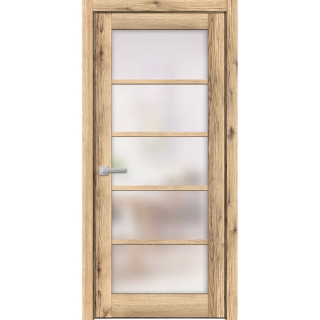 Solid French Door Frosted Glass Quadro 4002 Oak Single Regular Panel Frame Trims Handle Bathroom Bedroom Sturdy Doors 36" x 96"