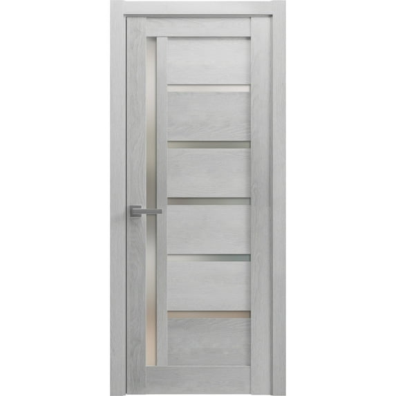 Solid French Door Frosted Glass | Quadro 4088 Light Grey Oak | Single Regular Panel Frame Trims Handle | Bathroom Bedroom Sturdy Doors -18" x 84"