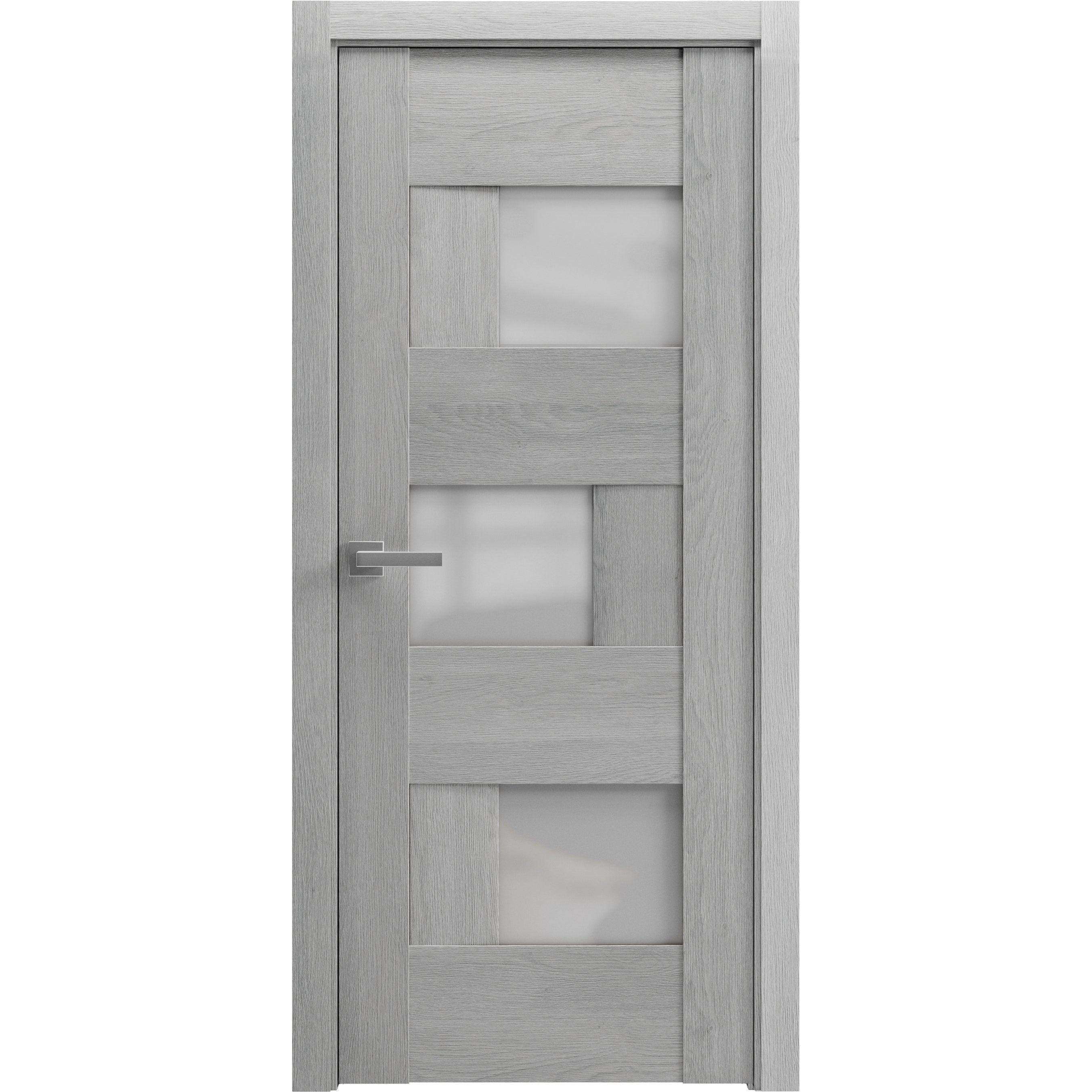 Solid French Door Frosted Glass | Sete 6933 Light Grey Oak | Single Regular Panel Frame Trims Handle | Bathroom Bedroom Sturdy Doors -24" x 80"