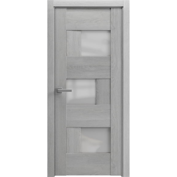 Solid French Door Frosted Glass | Sete 6933 Light Grey Oak | Single Regular Panel Frame Trims Handle | Bathroom Bedroom Sturdy Doors -32" x 80"