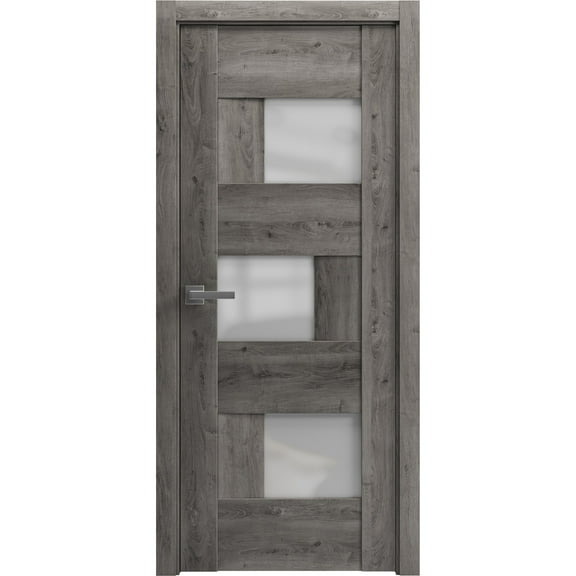 Solid French Door Frosted Glass | Sete 6933 Nebraska Grey | Single Regular Panel Frame Trims Handle | Bathroom Bedroom Sturdy Doors -24" x 96"