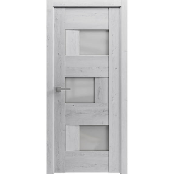 Solid French Door Frosted Glass | Sete 6933 Nordic White | Single Regular Panel Frame Trims Handle | Bathroom Bedroom Sturdy Doors -24" x 84"