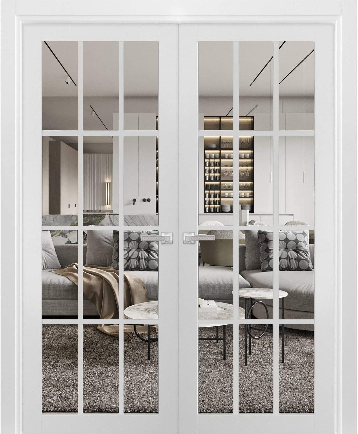 Sartodoors Solid French Double Doors, 12-Lite Clear Glass Panels, Wood with Regular Panel Frame Trims, Sturdy White Silk Finish for Bathroom/Bedroom | Felicia 3355 | Size:24"x84"