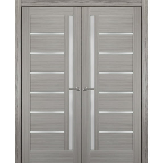 Solid French Double Doors 36 x 80 inches Frosted Glass | Quadro 4088 Grey Ash | Wood Solid Panel Frame Trims | Closet Bedroom Sturdy Doors