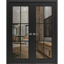 Solid French Double Doors 36 x 80 inches | Lucia 2366 Matte Black Clear Glass | Wood Solid Panel Frame Trims | Closet Bedroom Sturdy Doors