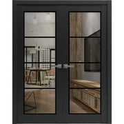 Solid French Double Doors 36 x 80 inches | Lucia 2466 Matte Black Clear Glass | Wood Solid Panel Frame Trims | Closet Bedroom Sturdy Doors