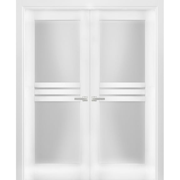Solid French Double Doors 36 x 80 inches Opaque Glass 4 Lites / Mela 7222 White Silk / Wood Solid Panel Frame / Closet Bedroom Modern Doors