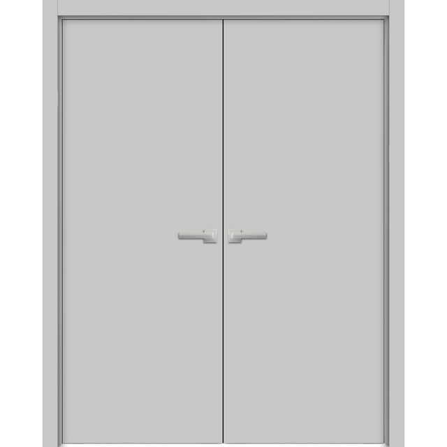 Solid French Double Doors 36 x 80 inches | Planum 0010 Matte Grey | Wood Solid Panel Frame Trims | Closet Bedroom Sturdy Doors
