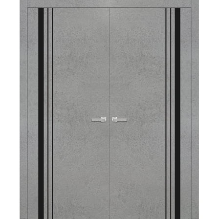 Solid French Double Doors 36 x 80 inches | Planum 0011 Concrete with Frosted Glass | Wood Solid Panel Frame Trims | Closet Bedroom Sturdy Doors