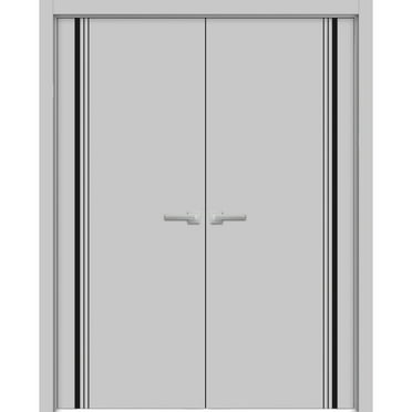 Solid French Double Doors 36 x 80 inches | Planum 0011 Grey Matte with Frosted Glass | Wood Solid Panel Frame Trims | Closet Bedroom Sturdy Doors