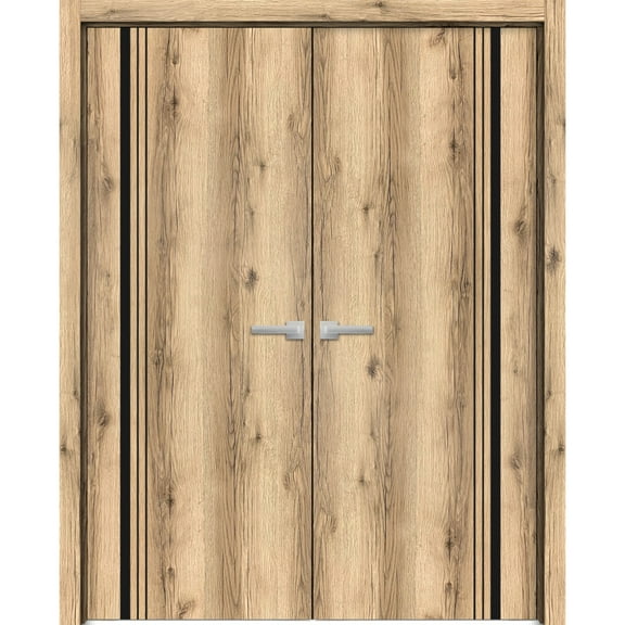 Solid French Double Doors 36 x 80 inches | Planum 0011 Oak with Frosted Glass | Wood Solid Panel Frame Trims | Closet Bedroom Sturdy Doors