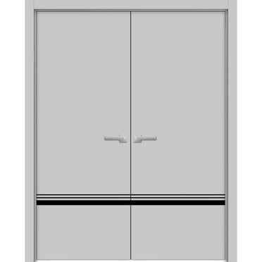 Solid French Double Doors 36 x 80 inches | Planum 0012 Grey Matte with Frosted Glass | Wood Solid Panel Frame Trims | Closet Bedroom Sturdy Doors