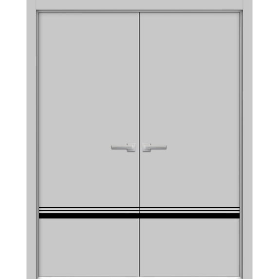 Solid French Double Doors 36 x 80 inches | Planum 0012 Grey Matte with Frosted Glass | Wood Solid Panel Frame Trims | Closet Bedroom Sturdy Doors