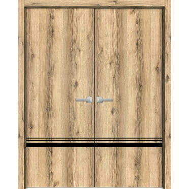 Solid French Double Doors 36 x 80 inches | Planum 0012 Oak with Frosted Glass | Wood Solid Panel Frame Trims | Closet Bedroom Sturdy Doors