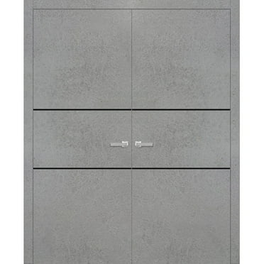 Solid French Double Doors 36 x 80 inches | Planum 0014 Concrete with Frosted Glass | Wood Solid Panel Frame Trims | Closet Bedroom Sturdy Doors