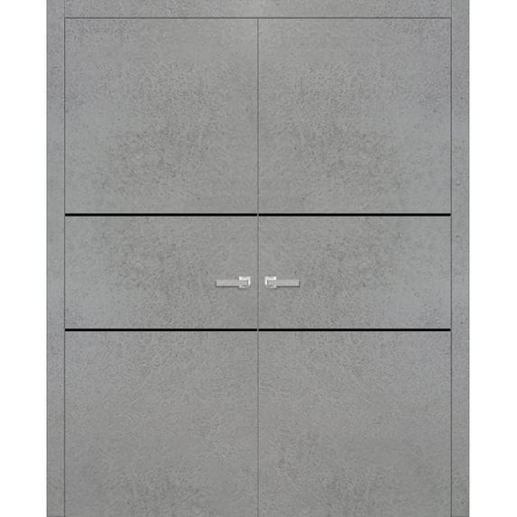 Solid French Double Doors 36 x 80 inches | Planum 0014 Concrete with Frosted Glass | Wood Solid Panel Frame Trims | Closet Bedroom Sturdy Doors