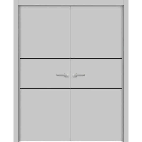 Solid French Double Doors 36 x 80 inches | Planum 0014 Grey Ash with Frosted Glass | Wood Solid Panel Frame Trims | Closet Bedroom Sturdy Doors