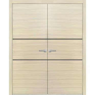 Solid French Double Doors 36 x 80 inches | Planum 0014 Natural Veneer with Frosted Glass | Wood Solid Panel Frame Trims | Closet Bedroom Sturdy Doors