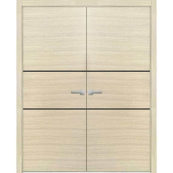 Solid French Double Doors 36 x 80 inches | Planum 0014 Natural Veneer with Frosted Glass | Wood Solid Panel Frame Trims | Closet Bedroom Sturdy Doors