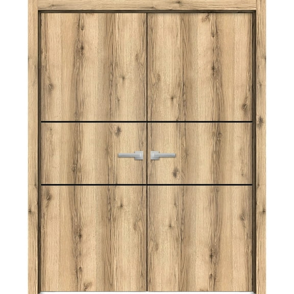 Solid French Double Doors 36 x 80 inches | Planum 0014 Oak with Frosted Glass | Wood Solid Panel Frame Trims | Closet Bedroom Sturdy Doors
