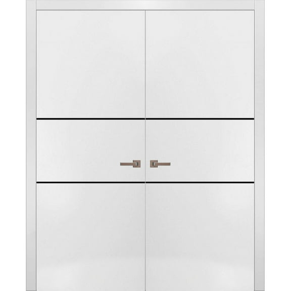 Solid French Double Doors 36 x 80 inches | Planum 0014 White Silk with Frosted Glass | Wood Solid Panel Frame Trims | Closet Bedroom Sturdy Doors
