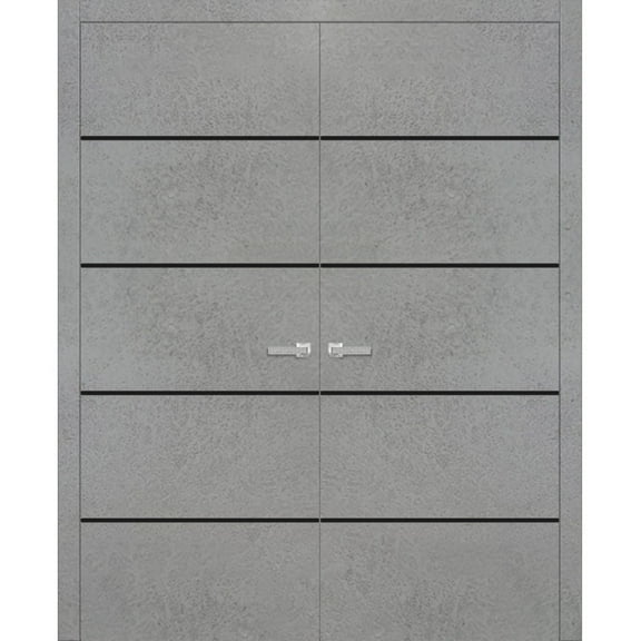Solid French Double Doors 36 x 80 inches | Planum 0015 Concrete with Frosted Glass | Wood Solid Panel Frame Trims | Closet Bedroom Sturdy Doors