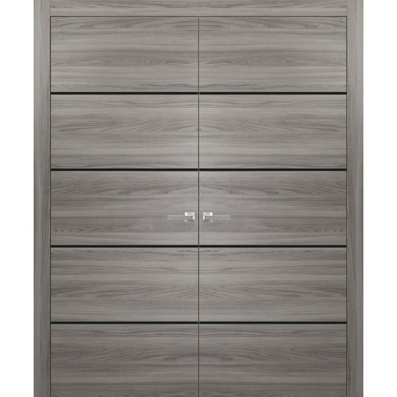 Solid French Double Doors 36 x 80 inches | Planum 0015 Ginger Ash with Frosted Glass | Wood Solid Panel Frame Trims | Closet Bedroom Sturdy Doors