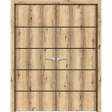Solid French Double Doors 36 x 80 inches | Planum 0015 Oak with Frosted Glass | Wood Solid Panel Frame Trims | Closet Bedroom Sturdy Doors