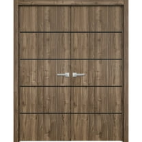 Solid French Double Doors 36 x 80 inches | Planum 0015 Walnut with Frosted Glass | Wood Solid Panel Frame Trims | Closet Bedroom Sturdy Doors
