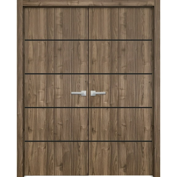 Solid French Double Doors 36 x 80 inches | Planum 0015 Walnut with Frosted Glass | Wood Solid Panel Frame Trims | Closet Bedroom Sturdy Doors
