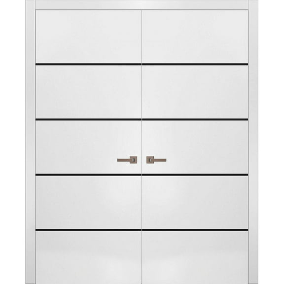 Solid French Double Doors 36 x 80 inches | Planum 0015 White Silk with Frosted Glass | Wood Solid Panel Frame Trims | Closet Bedroom Sturdy Doors
