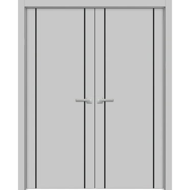 Solid French Double Doors 36 x 80 inches | Planum 0016 Grey Matte with Frosted Glass | Wood Solid Panel Frame Trims | Closet Bedroom Sturdy Doors