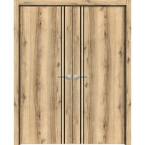 Solid French Double Doors 36 x 80 inches | Planum 0016 Oak with Frosted Glass | Wood Solid Panel Frame Trims | Closet Bedroom Sturdy Doors