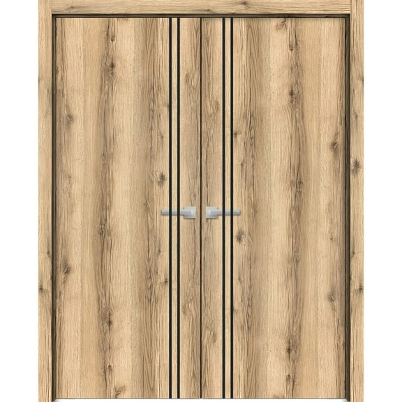 Solid French Double Doors 36 x 80 inches | Planum 0016 Oak with Frosted Glass | Wood Solid Panel Frame Trims | Closet Bedroom Sturdy Doors