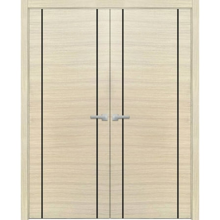 Solid French Double Doors 36 x 80 inches | Planum 0017 Natural Veneer with Frosted Glass | Wood Solid Panel Frame Trims | Closet Bedroom Sturdy Doors
