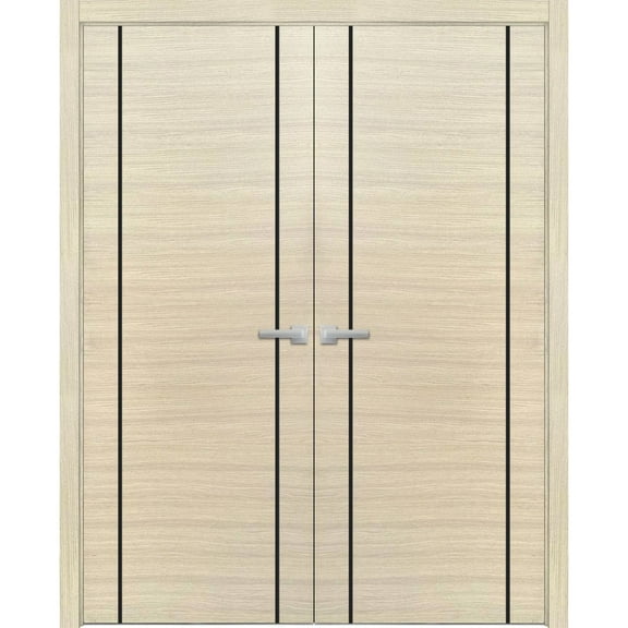 Solid French Double Doors 36 x 80 inches | Planum 0017 Natural Veneer with Frosted Glass | Wood Solid Panel Frame Trims | Closet Bedroom Sturdy Doors