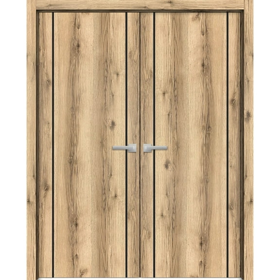 Solid French Double Doors 36 x 80 inches | Planum 0017 Oak with Frosted Glass | Wood Solid Panel Frame Trims | Closet Bedroom Sturdy Doors
