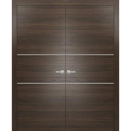 Solid French Double Doors 36 x 80 inches | Planum 0110 Chocolate Ash with Frosted Glass | Wood Solid Panel Frame Trims | Closet Bedroom Sturdy Doors