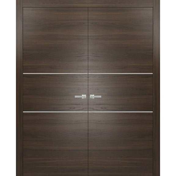 Solid French Double Doors 36 x 80 inches | Planum 0110 Chocolate Ash with Frosted Glass | Wood Solid Panel Frame Trims | Closet Bedroom Sturdy Doors