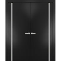 Solid French Double Doors 36 x 80 inches | Planum 0310 Matte Black with Frosted Glass | Wood Solid Panel Frame Trims | Closet Bedroom Sturdy Doors
