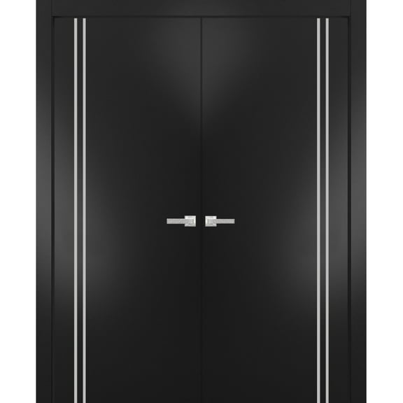 Solid French Double Doors 36 x 80 inches | Planum 0310 Matte Black with Frosted Glass | Wood Solid Panel Frame Trims | Closet Bedroom Sturdy Doors