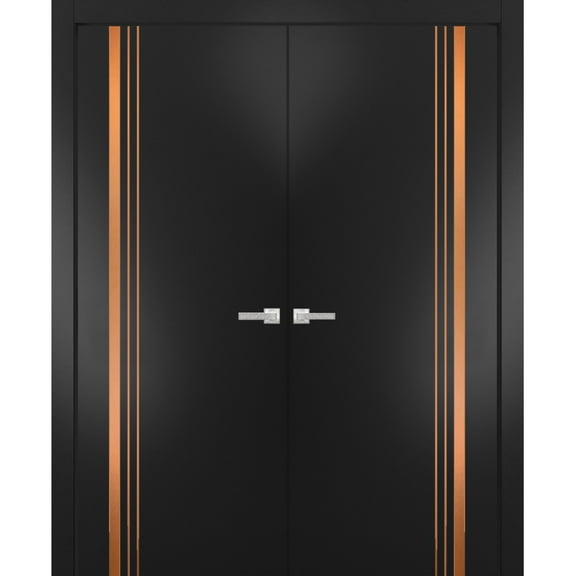Solid French Double Doors 36 x 80 inches | Planum 1010 Matte Black with Frosted Glass | Wood Solid Panel Frame Trims | Closet Bedroom Sturdy Doors