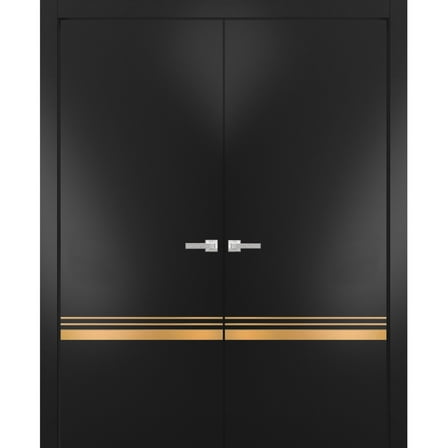 Solid French Double Doors 36 x 80 inches | Planum 2010 Matte Black with Frosted Glass | Wood Solid Panel Frame Trims | Closet Bedroom Sturdy Doors