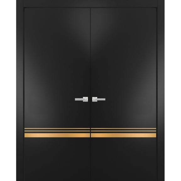 Solid French Double Doors 36 x 80 inches | Planum 2010 Matte Black with Frosted Glass | Wood Solid Panel Frame Trims | Closet Bedroom Sturdy Doors