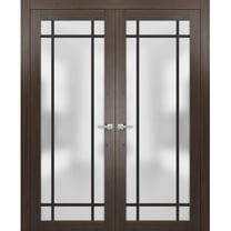 Solid French Double Doors 36 x 80 inches | Planum 2112 Chocolate Ash Frosted Glass | Wood Solid Panel Frame Trims | Closet Bedroom Sturdy Doors