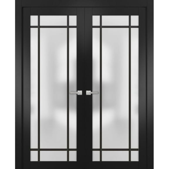 Solid French Double Doors 36 x 80 inches | Planum 2112 Matte Black Frosted Glass | Wood Solid Panel Frame Trims | Closet Bedroom Sturdy Doors