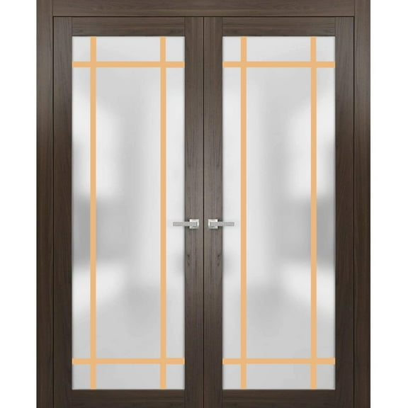 Solid French Double Doors 36 x 80 inches | Planum 2113 Chocolate Ash Frosted Glass | Wood Solid Panel Frame Trims | Closet Bedroom Sturdy Doors